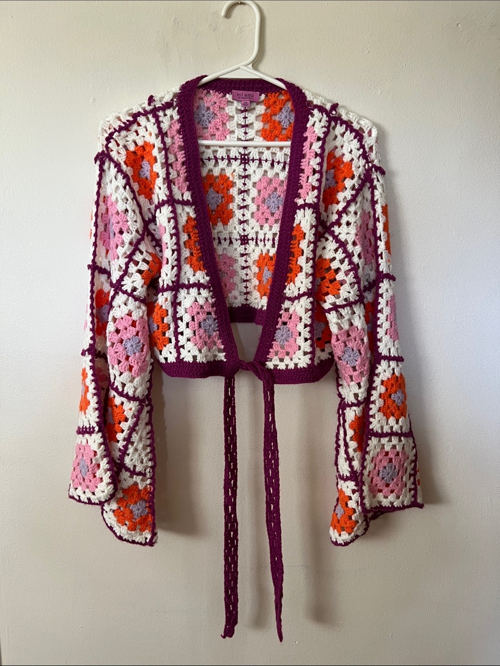 Crochet Tie-Front Cardigan Sweater - White, Pink & Orange